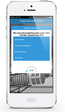 Cell phone with JOTA Radio App trivia feature