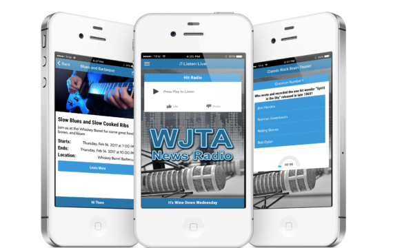 Cell Phone with JOTA Radio App features: listen live, trivia